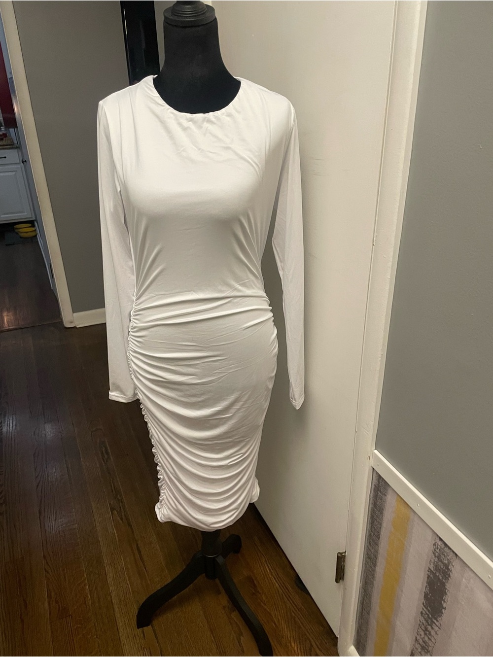 White Ruched Long Sleeve Bodycon Dress